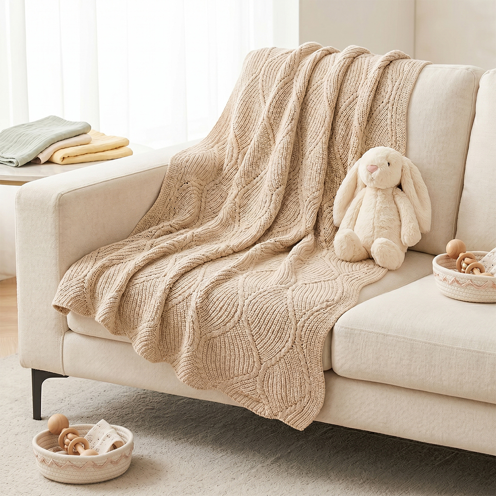 Wave pattern cotton knitted baby blanket for bulk OEM orders by baby textile manufacturer