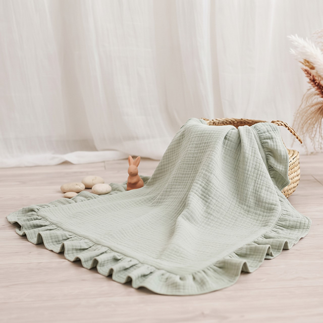 Sage Green Ruffle Cotton Muslin Baby Blanket - BSCI Audited Factory Wholesale